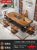 Tablero Completo Madera Maciza Tablero Grande Mesa de Té y Juego de Sillas Nuevo Estilo Chino Mesa de Café Tronco Mesa para Preparación de Té Kung Fu de Oficina Juego de Té Integrado