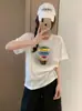 Camisa Versátil de Algodón Bambú Suelta para Mujer, Cuello Redondo, Manga Corta, Estampado de Copos de Nieve, Directo de Fábrica, Envío Directo de Fábrica, Dropshipping de Una Pieza