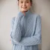Suéter Elegante de Cashmere Azul 2025 Novo Outono e Inverno Padrão Torcido Slim Casual Solto Espessado Gola Lapela Meio Zíper