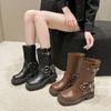 Botas Marrones de Suela Gruesa y Tacón Grueso para Mujer 2025 Nuevas de Verano Estilo Británico Botines Retro Populares Botas Vaqueras Occidentales