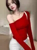 Camiseta de Manga Larga con Hombros Descubiertos para Mujer, Primavera, Dulce, Picante, Sexy, Camiseta Básica de Hombros Descubiertos, Corte Ajustado, Adelgazante, Diseño de Hombros, Top