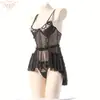Sexy Camisón de Encaje con Escote Revelador, Camisón Erótico de Malla Semitransparente con Aros y Efecto Push-Up para Mujer