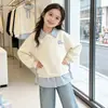 Sudadera para Niñas Estilo Universitario 2026 con Cuello Polo, Ropa de Primavera y Otoño Moda Coreana con Parches Rayados, Falso Dos Piezas, Manga Larga