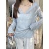Cubierta Protectora Solar Delgada Semi-Transparente con Cuello en V para Mujer con Bordes Fruncidos, Camiseta de Manga Larga de Algodón y Lino con Diseño de Copos de Nieve, Prenda Base para Primavera/Verano 2026