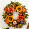 Guirlanda artificial de outono para pendurar na porta com abóbora, bagas e girassóis para decoração de Ação de Graças e festival da colheita