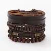 Conjunto de Pulseiras de Couro Trançado Europeias e Americanas para Homens, com Múltiplas Camadas e Design de Caveira, Corrente de Pulseira de Couro Genuíno