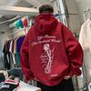 Suéter com capuz estampa de rosa retrô americano cor vinho para meninos outono e inverno forrado com fleece marca da moda casaco pesado