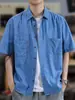 Camisa de Mezclilla con Bolsillo para Hombre de Manga Corta Tendencia Verano 2025 Holgada Talla Grande Top Chaqueta Camisa Delgada
