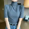 Cuello medio alto, manga tres cuartos, camiseta popular de manga corta para transmisión en vivo, nuevo top para mujer, camiseta base con protección solar y contra quemaduras solares