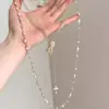 Colar de Pérolas com Cruz Vintage, Multicamadas, Versátil, Elegante, Longa Corrente para Suéter