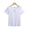 Camiseta de algodón corta de manga corta ajustada estilo coreano con lazo en el pecho hueco para mujer, top de moda con media manga en el hombro 146