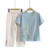 Conjunto de duas peças estiloso para mãe, verão, mulheres de meia-idade e idosas, tamanho grande, camiseta de algodão e linho, top esportivo casual, conjunto de manga curta