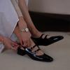 Yingmeier Zapatos de cuero pequeños con punta redonda para mujer 2022, tacones altos gruesos, mocasines de tacón medio, estilo vintage Mary