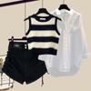 Traje de verano para mujer 2024 nuevo estilo extranjero talla grande camisa para mujer chaleco rayado con shorts de mezclilla conjunto de tres piezas