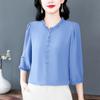 Camisa de Verano 2025 Nueva Reductora de Edad de Manga Tres Cuartos, Elegante, Talla Grande, Estilo Occidental, Delgada, Camisa de Chifón con Forma de Oreja para Mujer, Moderna