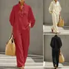 Conjunto de Duas Peças de Algodão e Linho com Gola Cruzada e Mangas Morcego, Meio Aberto, Cintura Elástica, Calça de Perna Larga, Terno Feminino para o Trabalho