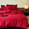 Juego festivo de cuatro piezas de algodón puro jacquard bordado de lujo ligero, juego de ropa de cama bordada de algodón puro para bodas, funda de edredón, sábana, ropa de cama