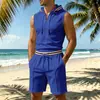 Conjunto de Dos Piezas Casual con Capucha sin Mangas de Punto Waffle para Hombre Transfronterizo, Colores de Verano Bloqueados, Venta al por Mayor