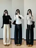 Super confortável de usar~ Gola redonda, caimento regular nos ombros, elástico, franzido, cintura marcada Camiseta base para mulheres, novo Outono 2026 H092409