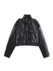 Chaqueta Corta Casual de Cuello Alto de Manga Larga para Mujer, Color Sólido, Piel Sintética, Estilo Transfronterizo Europeo y Americano, Nuevo Modelo Otoño e Invierno