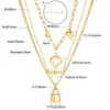 Colar com Pingente Cruz Coração Amor Cadeado Três Camadas Empilháveis Corrente Clavícula Personalizado Tendência Aço Inoxidável Banhado a Ouro