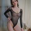 Lencería Sexy con Escote Bajo, Hombros Descubiertos, Mangas Largas, Adornos de Pedrería, Diseño Hueco, Estilo Europeo y Americano, Tallas Grandes, Body de Malla Sin Quitar, Conjunto de una Pieza de Seda Negra para Mujer