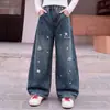 Jeans para niños para primavera y otoño, pantalones elegantes de pierna ancha para niñas, prendas exteriores casuales holgadas para niños mayores, pantalones rectos versátiles, modernos