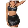 Lencería Sexy de Moda Europea y Americana Tallas Grandes Lencería Coqueta para Mujeres Patente Transfronteriza de Cuero Negro Conjunto de Sujetador y Falda Bodycon