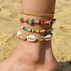Conjunto de Tobilleras Trenzadas de Cuerda con Conchas y Estrellas de Mar Estilo Bohemio Transfronterizo Accesorios para el Pie Asimétricos con Piedras Pequeñas y Perlas de Arroz para Mujeres