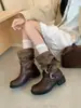 Botas de Temporada Primer Encuentro para Mujer 2026 Otoño Nuevas Botas Retro de Suela Gruesa Color Melange Bloque de Color Plisadas Tacón Grueso Media Pantorrilla