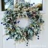 2026 Novo Produto Transfronteiriço Guirlanda de Flores Artificiais Azul e Dourada Decoração de Casamento Ornamento Pendurado Guirlanda de Porta da Frente Guirlanda de Natal com Pinhas