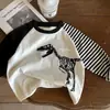 Camiseta de Manga Larga para Niños y Niñas Estilo Coreano Dibujo Animado de Dinosaurio Combinación de Colores Manga Raglán Camiseta Base Cuello Redondo T0183A111