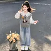 Conjunto de camisa de boneca estilo coreano para meninas, estilo college, para primavera e outono, colete de urso, gravata borboleta fashion e calça jeans