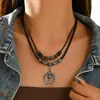 Collar de Cuero Trenzado a Mano Doble Capa Apilable para Mujer, Cuentas de Madera, Colgante de Aleación, Gargantilla de Moda Retro
