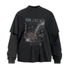 Estampado de grafiti con letras de mariposa, camiseta de manga larga de dos piezas simuladas, corte holgado, estilo primavera/otoño, look vintage de alta costura, top de cuello redondo para hombre