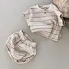Conjunto de Dos Piezas de Camiseta de Manga Corta y Shorts a Rayas para Bebé Niño Verano Coreano Infantil Pequeño Elegante Casual de Moda