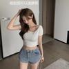 Verano Nuevo Estilo Corto Top Relleno para Mujer Estilo Coreano Cuello en V Sexy Espalda Descubierta Camiseta de Manga Corta para Mujer Cintura Alta Cuello U Ajustado