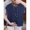 Suéter de Tricô Azul Marinho com Gola Redonda para Mulheres, Nova Camiseta de Manga Curta Verão 2025, Top Fino Fashion Versátil com Recortes