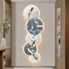 Relógio de Parede Moderno de Luxo Leve para Corredor de Entrada Hall dos Nove Peixes Passagem Silenciosa Relógio para Sala de Estar Pintura Relógio com Toque de Alto Padrão Luminária de Parede