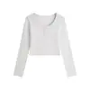 Top de manga larga estilo retro americano para mujer con cuello redondo grande, cierre de media botonadura, diseño básico simple, elástico, corte ajustado, camisa de color liso