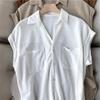 Nova Camisa Piqué Estilo Hepburn Francês Solta de Manga Curta com Gola Polo Vintage e Bolsos para Mulheres - Verão 2026