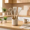 Conjunto de Utensílios de Cozinha de Madeira com Cabo de Silicone para Cozinhar, Espátula de Silicone e Colher Antiaderentes para Cozinha Doméstica