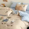 Oso de Dibujos Animados Juego de Cuatro Piezas de Algodón de Fibra Larga de 100 Hilos, Funda Nórdica de Algodón Puro, Sábana Plana, Sábana Ajustable, Ropa de Cama Infantil 1.5