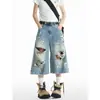 Shorts de mezclilla rotos estilo retro americano de alta calle para mujer talla grande, pantalones de verano de cintura alta, pantalones cortos rectos adelgazantes