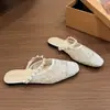 Elegantes Mocasines Planos de Malla Estilo Hada con Correa de Perlas, Zapatillas de Media Punta Cerradas para Mujer, Sandalias Slip-On