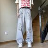 Jeans Grafite Pintado à Mão Estilo Americano Retrô Masculino Vibe High Street Tendência de Rua Hip-hop Perna Reta Antigo Perna Larga Calça Micro