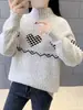 Nuevo Suéter de Punto de Manga Larga Versátil con Bloques de Color de Corte Holgado para Primavera y Otoño, Suéter de Cuello Alto a Media Altura Estilo Coreano para Mujer
