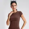 Camiseta Transfronteiriça Nude Gola Redonda Manga Curta Ombro Direito Look Emagrecedor Justa Casual Fitness Esporte Top Roupa de Yoga para Mulheres