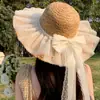 Chapéu de Sol de Verão com Laço para Mulheres, Chapéu de Sol de Palha com Pérolas para Praia, Chapéu de Sol de Aba Larga para Exterior, Chapéu de Palha Doce