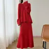 Conjunto de Falda Nuevo Otoño e Invierno 100% Lana Conjunto de Dos Piezas de Top y Falda para Mujer Suéter de Punto con Flor Tridimensional de Cuello Redondo